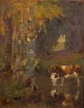 George Glenn Newell American 18701947 Cow and Calf in the River Shallows Autumn