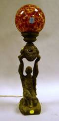 La Belle Specialty Co Art Deco Patinated Cast Metal Figural Table Lamp with EndofDay Glass Shade