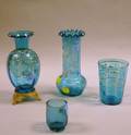 Four Enamel Decorated Blue Art Glass Table Articles