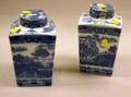 Pair of Promotional Ringtons Ltd Tea Merchants Blue and White Transfer Decorated Staffordshire Tea Canisters