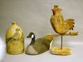 Edmands  Co Cobalt Bird Decorated TwoGallon Stoneware Jug a Painted Canvas Canada Goose Decoy and a Carved and Painted Wooden Roos
