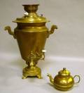 Russian Brass Samovar with Blue and White Porcelain Knobs and a Brass Teapot