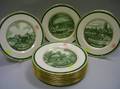 Set of Twelve Lenox Gilt and Green Currier  Ives Print Transfer Decorated Porcelain Dinner Plates