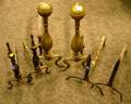 Pair of Wrought Iron Andirons a Pair of Brass Urn Finial Andirons and a Pair of Brass Balltop Andirons