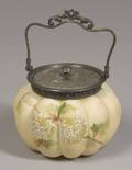 Mount Washington Colonial Ware Silver Plate Mounted Enamel Floral Decorated Glass Melonform Cracker Jar