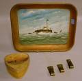 Set of Three Arts  Crafts Hammered Brass Paper Clips a Handpainted Lighthouse Scenic Metal Tray and a New Brunswick Native American
