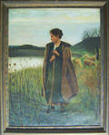 Oil on canvas pastoral landscape with a young woman