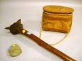 Woodlands Root Club Stone Axehead and an Animal Decorated Birch Bark Covered Box with Strap