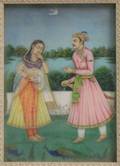 Framed Indian Gouache of a Couple with Doves