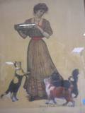 Framed Mixed Media Work of a Woman Feeding Cats