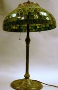 Leaded Green Brickwork Art Glass Lamp Shade on a Patinated Cast Iron Base