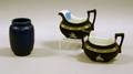 Royal Bayreuth Corinthian Pattern Porcelain Creamer and Sugar and a Small English Blue Glazed Art Pottery Vase