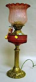 Cranberry Glass and Ormolu Oil Lamp with Etched Glass Shade