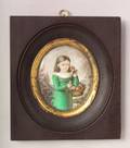 American School 19th Century Miniature Portrait of a Girl in a Green Dress Carrying a Basket of Flowers