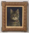 American School 20th Century Portrait of a Gray Tiger Cat Wearing a Red Collar with a Brass Bell