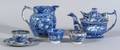 Seven Assorted Blue and White Transfer Decorated Staffordshire Pottery Table Items