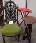 Renaissance Revival Carved Walnut Slipper Chair a Walnut Mirror and Two Victorian Stands