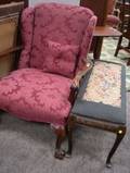 Queen Anne Style Needlepoint Upholstered Bench and Carved and Upholstered Armchair