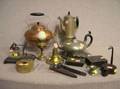 Group of Thirteen Metal Table Desk Lighting and Miscellaneous Items and a Stoneware Inkwell