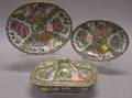 Chinese Export Porcelain Rose Medallion Covered Vegetable Dish and Two Small Serving Dishes