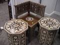 Moorishstyle MotherofPearl Inlaid Hardwood Corner Chair and a Pair of Tabourets