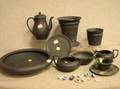 Nine Wedgwood and Turner Black Basalt Table Items and a Collection of Wedgwood Society Seminar Pins