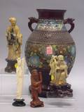 Four Asian Carved Hardstone Wood and Ivory Figures and a Chinese Champleve Vase