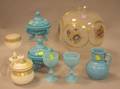 Sandwich Glass Gilt and Floral Decorated Astral Lamp Globe Five Light Blue Opaque Glass Table Items and a Gilt Decorated Opaque Glass