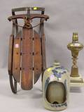 Cobalt Decorated Stoneware Bird Feeder a Brass and Marble Astral Lamp and a Small Paint Decorated Flexible Flyer Sled