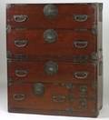 Japanese Iron Mounted Lacquered TwoPart Cabinet