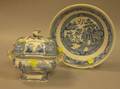Staffordshire Blue and White Covered Sugar and a Blue Willow Open Serving Bowl