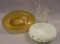 Colorless Pressed Glass Pitcher Libbey Maize Pattern Glass Bowl and a Gilt Amber Glass Platter
