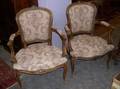 Pair of Louis XV Style Carved Walnut and Brocade Upholstered Fauteuils