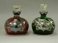 Pair of Heraldic Silver Overlaid Red and Green Cut to Clear Glass Decanters