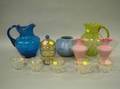 Pair of Pink Satin Glass Vases a Blue Glazed Pottery Vase Blue Thumbprint Glass Pitcher and Six Pieces of Glassware