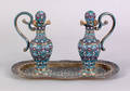 Russian silver gilt and enamel oil and vinegar cruets with matching under tray ca 19081917