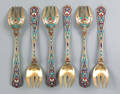 Set of six Russian silver gilt and champleve enamel forks ca 1900