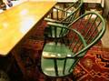 Maple Kitchen Table and a Pair of Green Painted Windsor Firehouse Armchairs