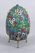 Russian silver enamel and cabochon inlaid egg on stand ca 1900