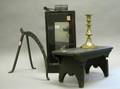 Tin Lantern Wrought Iron Spit Stand Brass Candlestick and Black Painted Wooden Cricket