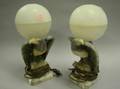Pair of Carved Alabaster Eagle and Orb Mantel Lamps