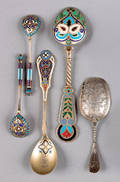 Two Russian silver gilt and champleve spoons ca 1900
