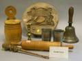 Painted Wooden Pail and Kerosene Keg Tin Rack and Tray Seven Pieces of Woodenware Three Bells Set of Six Pewter Beakers and a Wroug