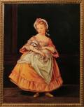 Painted porcelain plaque of Countess Stanhope holding a dog