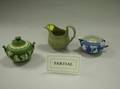 Wedgwood Caneware Game Pie Covered Dish Jasperware Green Sugar Bowl and a Dark Blue Creamer and Olive Drabware Creamer