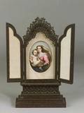 German Painted Madonna and Child Porcelain Plaque Mounted in a Gothic Revival Carved Wood Shrine