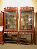 Pair of Chinese Glazed Faux Bamboo Carved Hardwood Display Cabinets