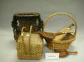 Six Assorted Woven Baskets and Five Wooden Kitchen Utensils