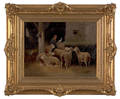 French oil on canvas barn scene with sheep late 19th c
