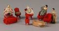 Seven Tiny Wooden Grodnertal Dolls with Red Wool Pin Furniture